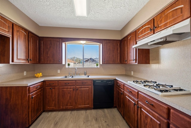 kitchen featuring light wood-style flooring, under cabinet range hood, white gas stovetop, a sink, and dishwasher