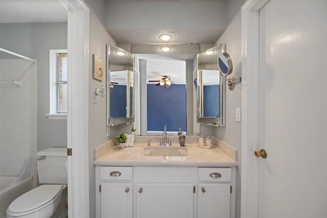 full bath with toilet, shower / bathing tub combination, and vanity