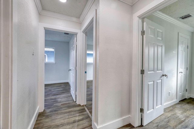 hall featuring visible vents, wood finished floors, crown molding, and a textured wall