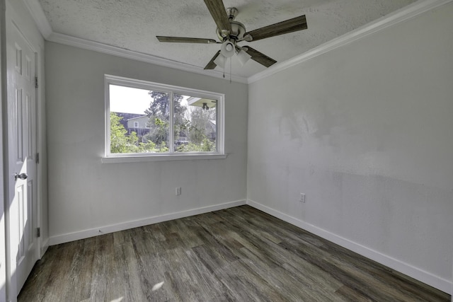 unfurnished room with baseboards, a textured ceiling, ornamental molding, and dark wood-style flooring