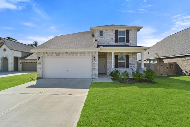 view of front facade featuring brick siding, an attached garage, a front yard, fence, and driveway