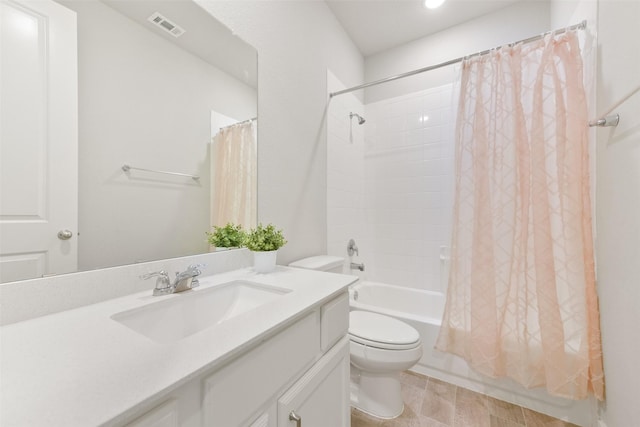 bathroom with toilet, visible vents, shower / bath combination with curtain, and vanity