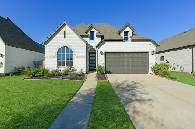 french country style house with driveway, a shingled roof, an attached garage, a front lawn, and brick siding