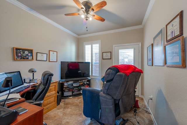 office with ceiling fan, baseboards, and ornamental molding