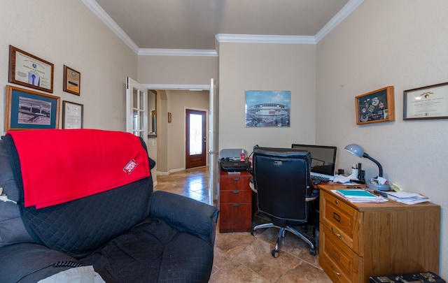 tiled home office featuring ornamental molding