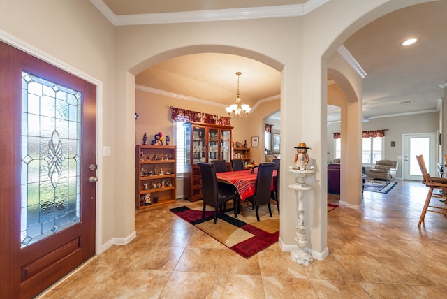 entryway featuring recessed lighting, light tile patterned flooring, crown molding, baseboards, and a chandelier