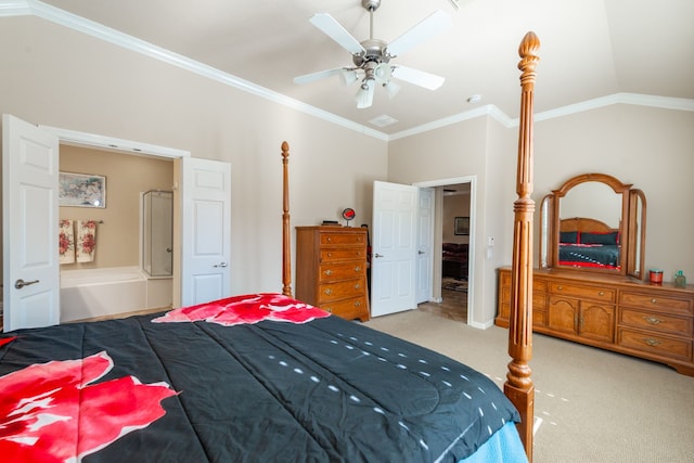 carpeted bedroom featuring ceiling fan, crown molding, and lofted ceiling