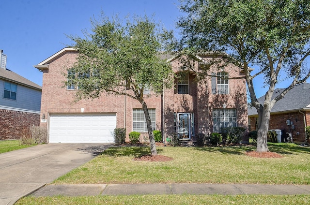 view of front facade with concrete driveway, brick siding, an attached garage, and a front lawn