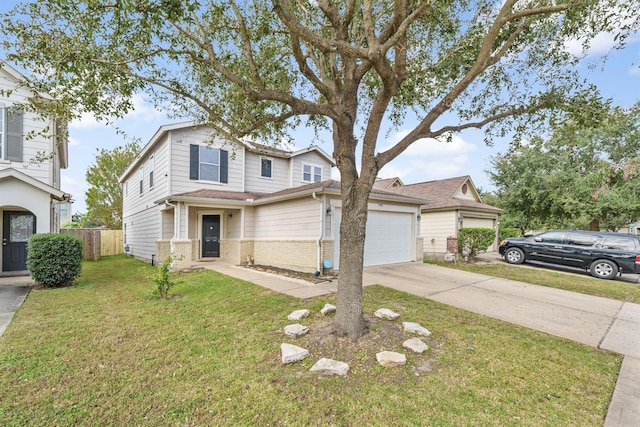 traditional-style home with brick siding, an attached garage, fence, driveway, and a front lawn