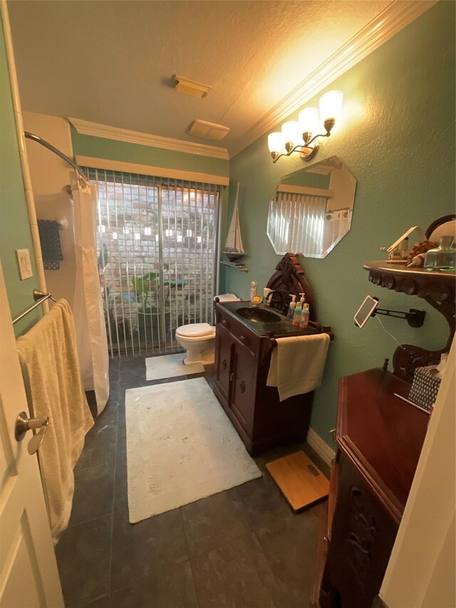 full bath with curtained shower, toilet, vanity, ornamental molding, and tile patterned floors