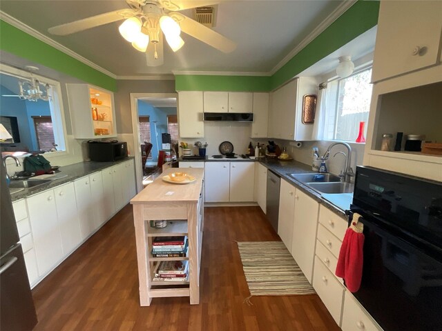 kitchen with crown molding, oven, a sink, and under cabinet range hood