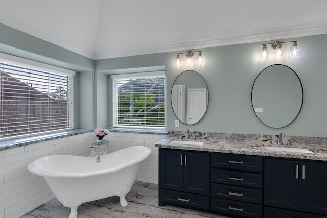 bathroom with a sink, a freestanding tub, double vanity, and crown molding