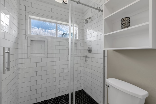 bathroom featuring toilet and a stall shower