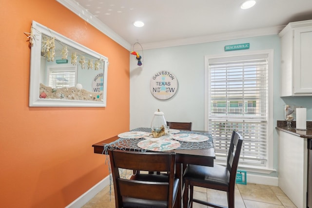 dining area with ornamental molding, recessed lighting, light tile patterned flooring, and baseboards