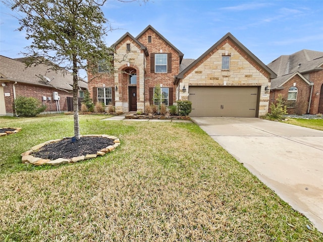 traditional home featuring brick siding, concrete driveway, stone siding, an attached garage, and a front yard