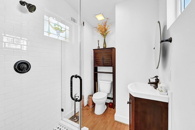 bathroom featuring a healthy amount of sunlight, a shower stall, wood finished floors, and vanity