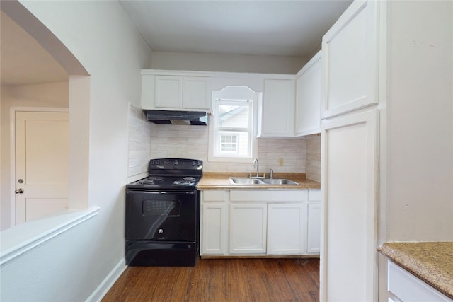 kitchen with under cabinet range hood, backsplash, black range with electric stovetop, and a sink