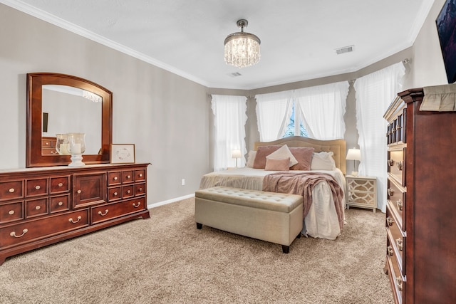 bedroom featuring light carpet, visible vents, crown molding, and an inviting chandelier