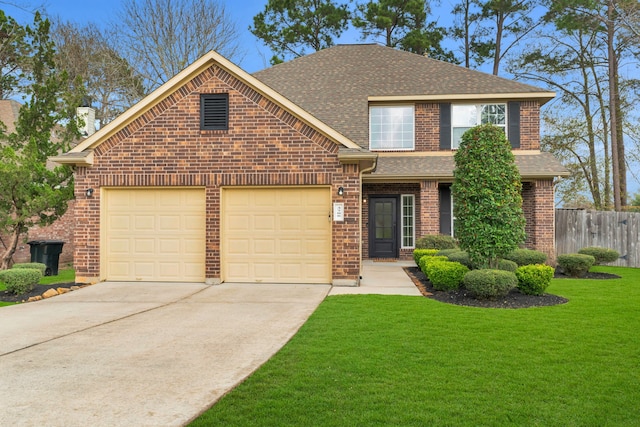 view of front facade featuring fence, an attached garage, a shingled roof, a front lawn, and brick siding