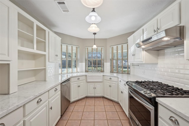 kitchen featuring open shelves, visible vents, appliances with stainless steel finishes, white cabinets, and under cabinet range hood