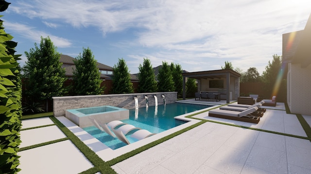 pool with a fenced backyard, a jacuzzi, an outdoor living space, and a patio