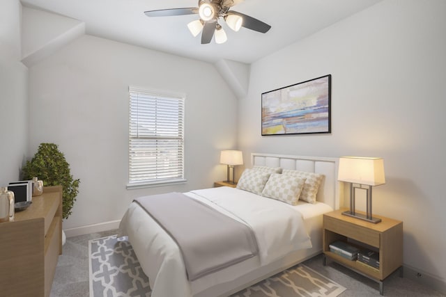 bedroom featuring ceiling fan, carpet flooring, and baseboards