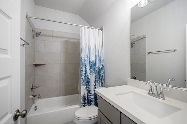 bathroom featuring vanity, toilet, and shower / bathtub combination with curtain