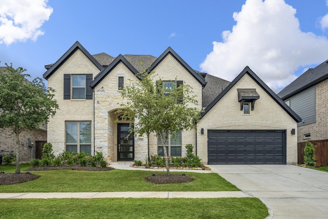 french provincial home with a front yard, brick siding, and driveway