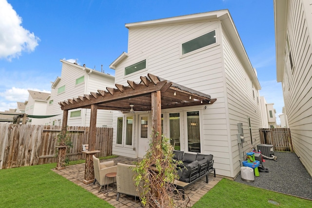 rear view of house with a patio, an outdoor hangout area, central AC, a pergola, and a fenced backyard