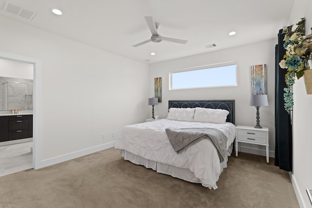 bedroom with recessed lighting, visible vents, and light carpet