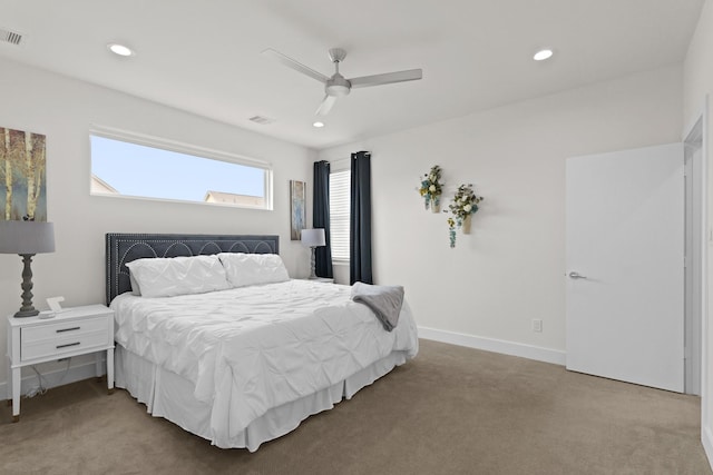 bedroom featuring carpet floors, recessed lighting, visible vents, a ceiling fan, and baseboards