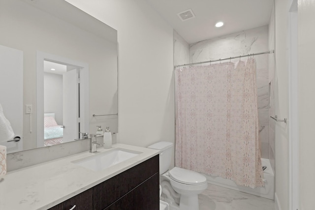 full bathroom with marble finish floor, visible vents, toilet, ensuite bathroom, and vanity