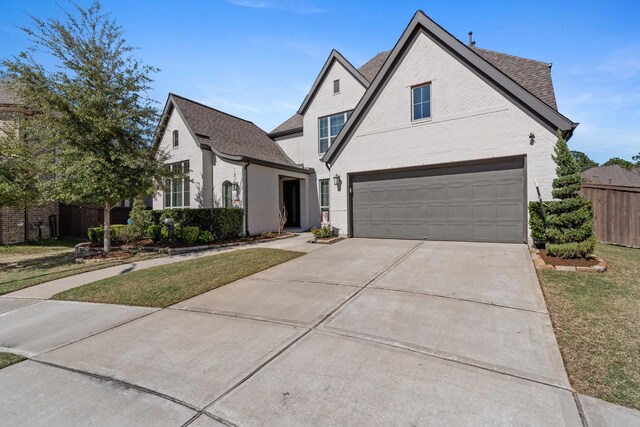 view of front of home featuring brick siding, roof with shingles, an attached garage, fence, and driveway