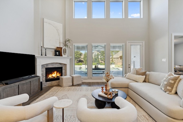 living room with a lit fireplace, a high ceiling, and wood finished floors