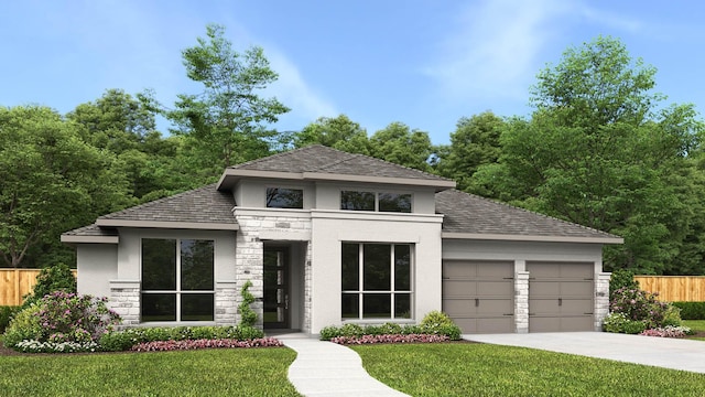 view of front of house featuring fence, a garage, stone siding, driveway, and a front lawn