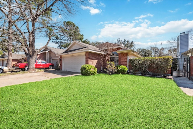 ranch-style home with brick siding, concrete driveway, a front yard, fence, and a garage