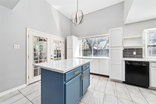 kitchen with blue cabinets, white cabinetry, french doors, dishwasher, and open shelves