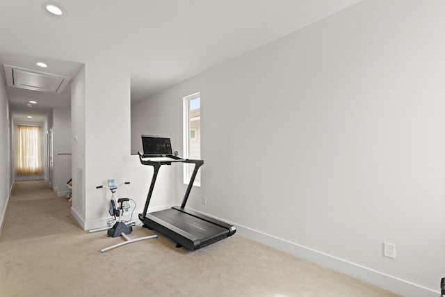 workout area with attic access, baseboards, carpet flooring, and recessed lighting