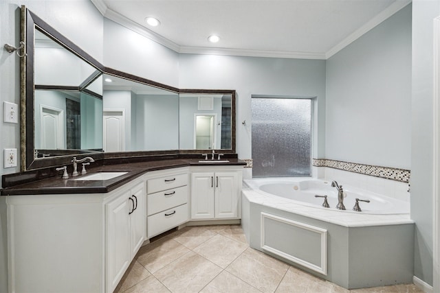 bathroom with a sink, a bath, and crown molding