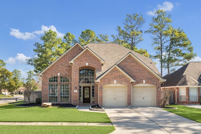 traditional home featuring brick siding, fence, a front yard, driveway, and an attached garage