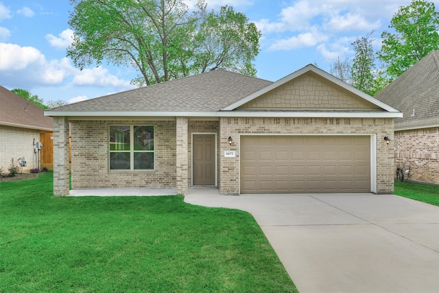 ranch-style house featuring a front yard, roof with shingles, concrete driveway, a garage, and brick siding