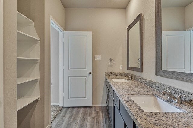 full bath featuring a sink, baseboards, wood finished floors, and double vanity