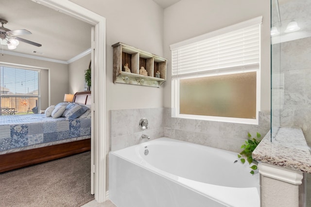 bathroom with visible vents, ensuite bathroom, ornamental molding, a ceiling fan, and a bath