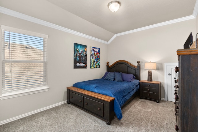 carpeted bedroom with lofted ceiling, baseboards, and ornamental molding