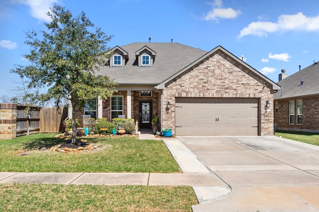 view of front of property featuring a garage, fence, concrete driveway, and brick siding