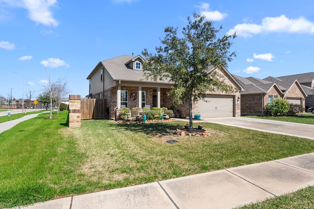 view of front of house featuring a garage, brick siding, fence, concrete driveway, and a front lawn