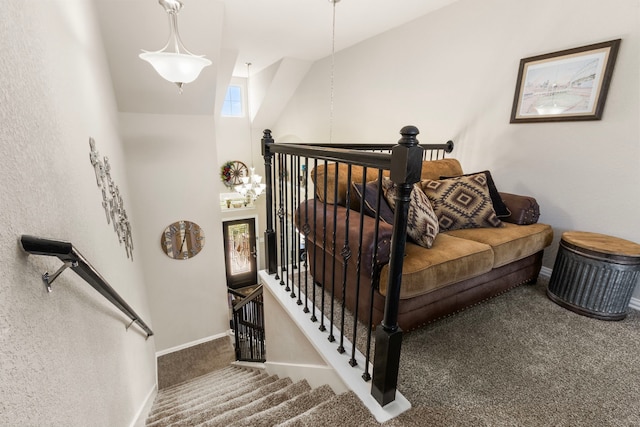 stairs featuring carpet floors and baseboards