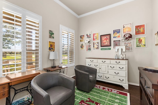 sitting room with crown molding, baseboards, and dark wood-style flooring