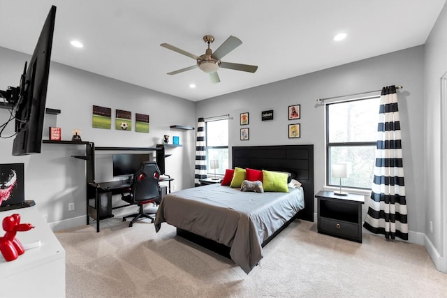 bedroom featuring a ceiling fan, recessed lighting, carpet flooring, and baseboards