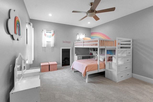 carpeted bedroom with ceiling fan, baseboards, and recessed lighting